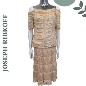Joseph Ribkoff Cream Gold Lace Sequin 2Piece Set Skirt Top Holiday Style Size 8